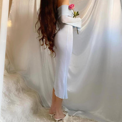 Aphrodite's Angel Baby Blue Off the Shoulder Mermaid Midi Dress