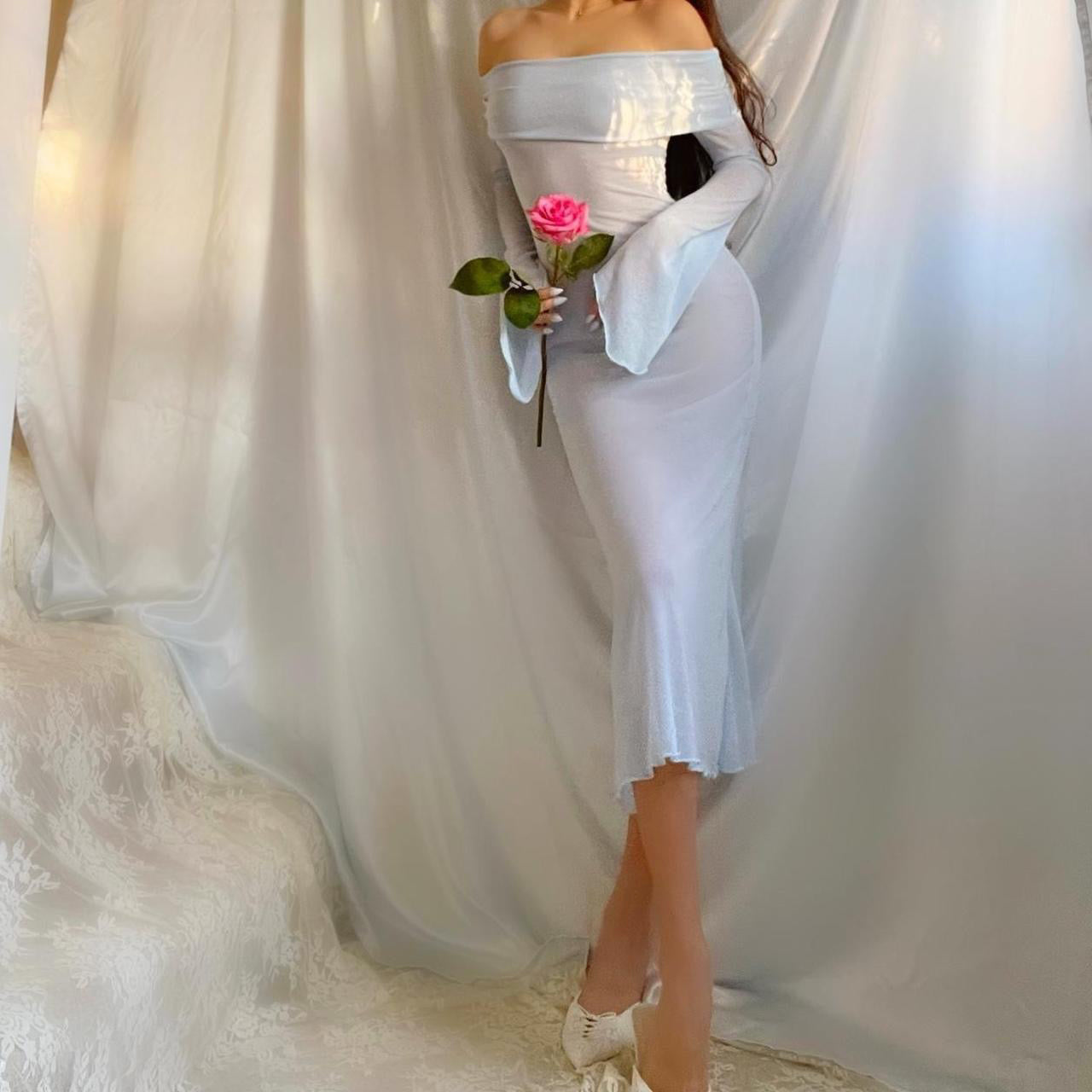 Aphrodite's Angel Baby Blue Off the Shoulder Mermaid Midi Dress