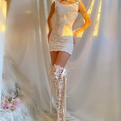White Crochet Lace Bateau Neck Mini Dress