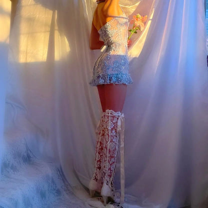 Baby Blue/Pink Sparkly Lace Ruffled Mini Dress