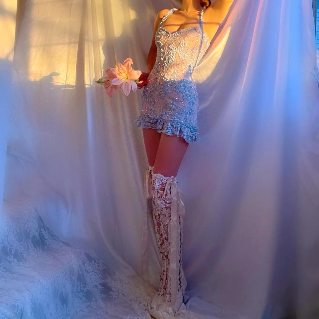 Baby Blue/Pink Sparkly Lace Ruffled Mini Dress