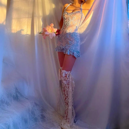 Baby Blue/Pink Sparkly Lace Ruffled Mini Dress