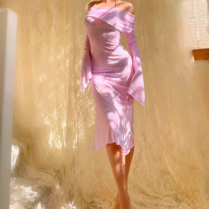 Aphrodite's Angel Baby Pink/Lilac Off the Shoulder Mermaid Midi Dress