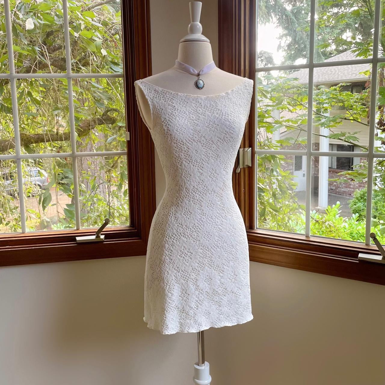 White Crochet Lace Bateau Neck Mini Dress