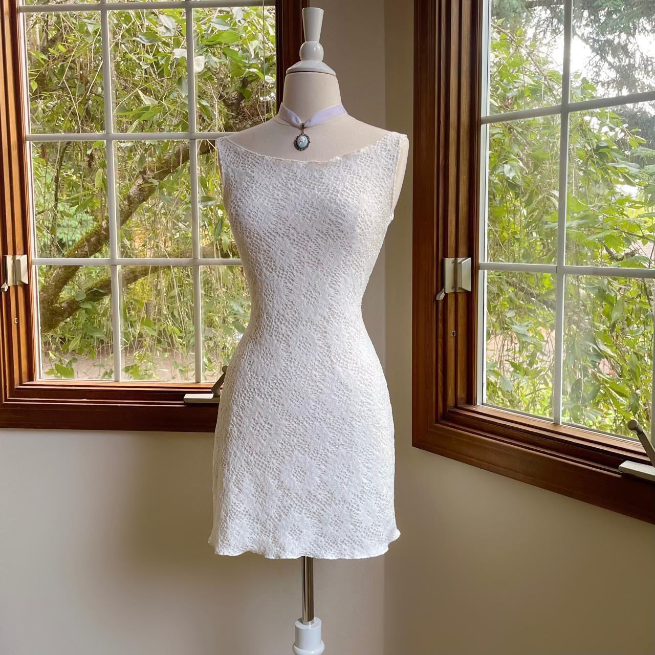White Crochet Lace Bateau Neck Mini Dress