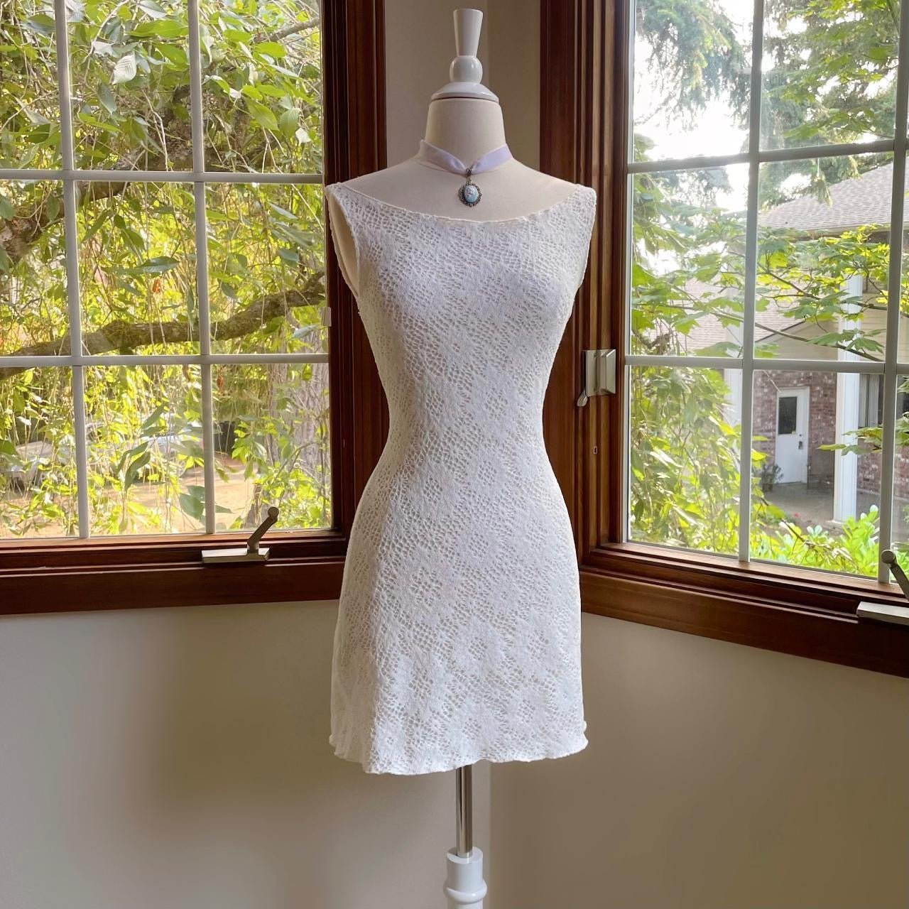 White Crochet Lace Bateau Neck Mini Dress