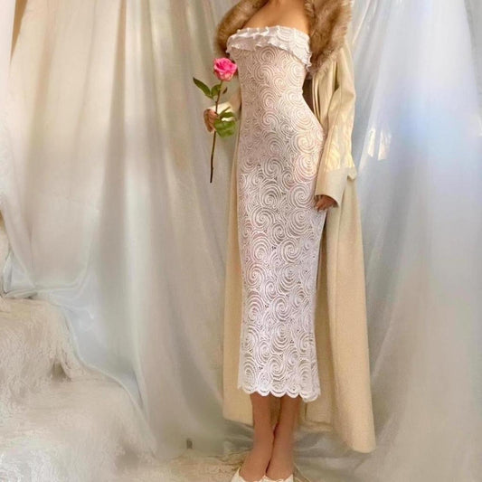 White Seashell Swirl Lace Ruffle Mermaid Midi Dress