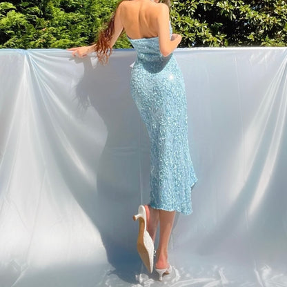 Baby Blue Sparkly Lace Cowl Neck Mermaid Midi Dress