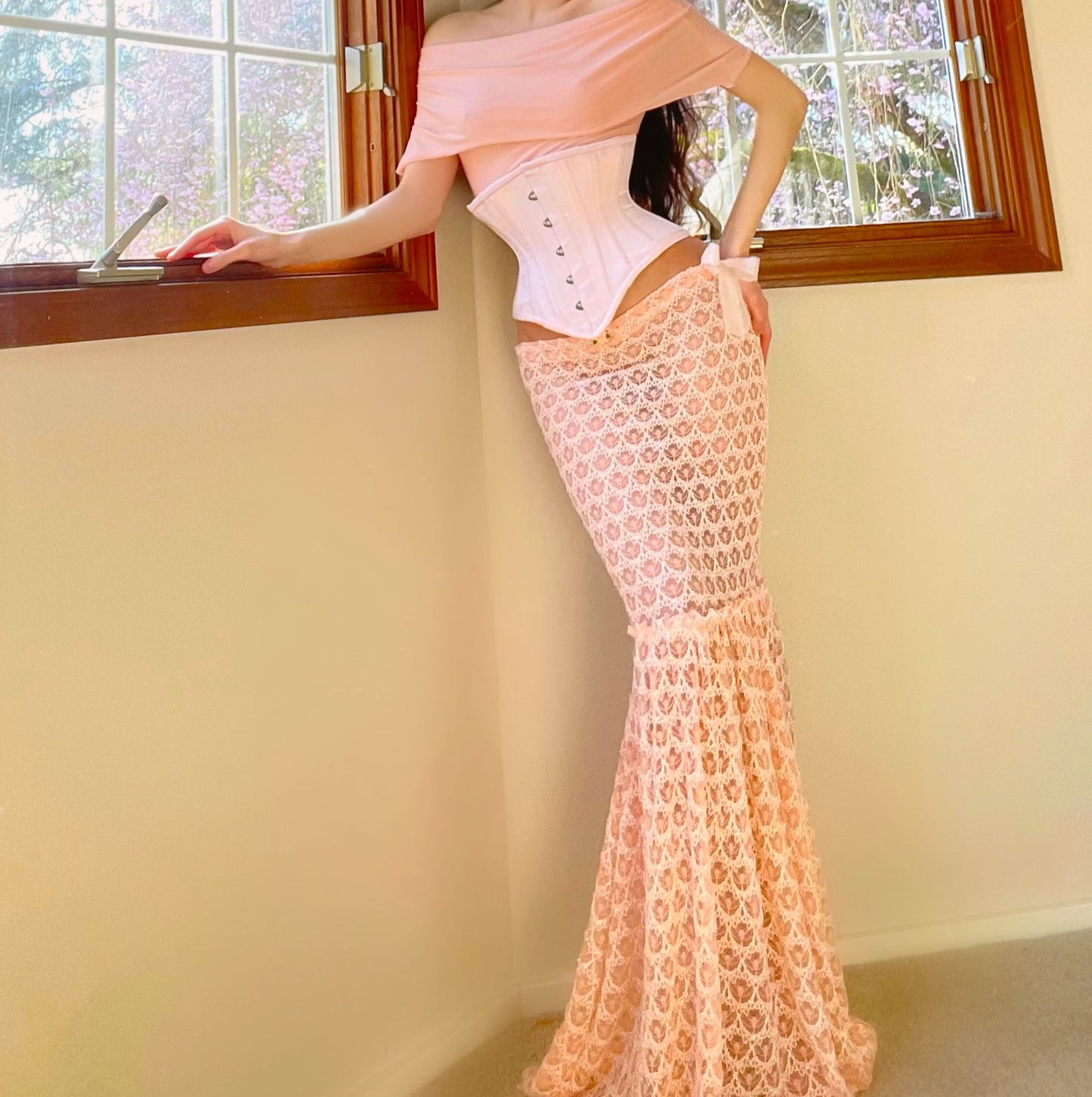 Peach Lace Mermaid Maxi Skirt