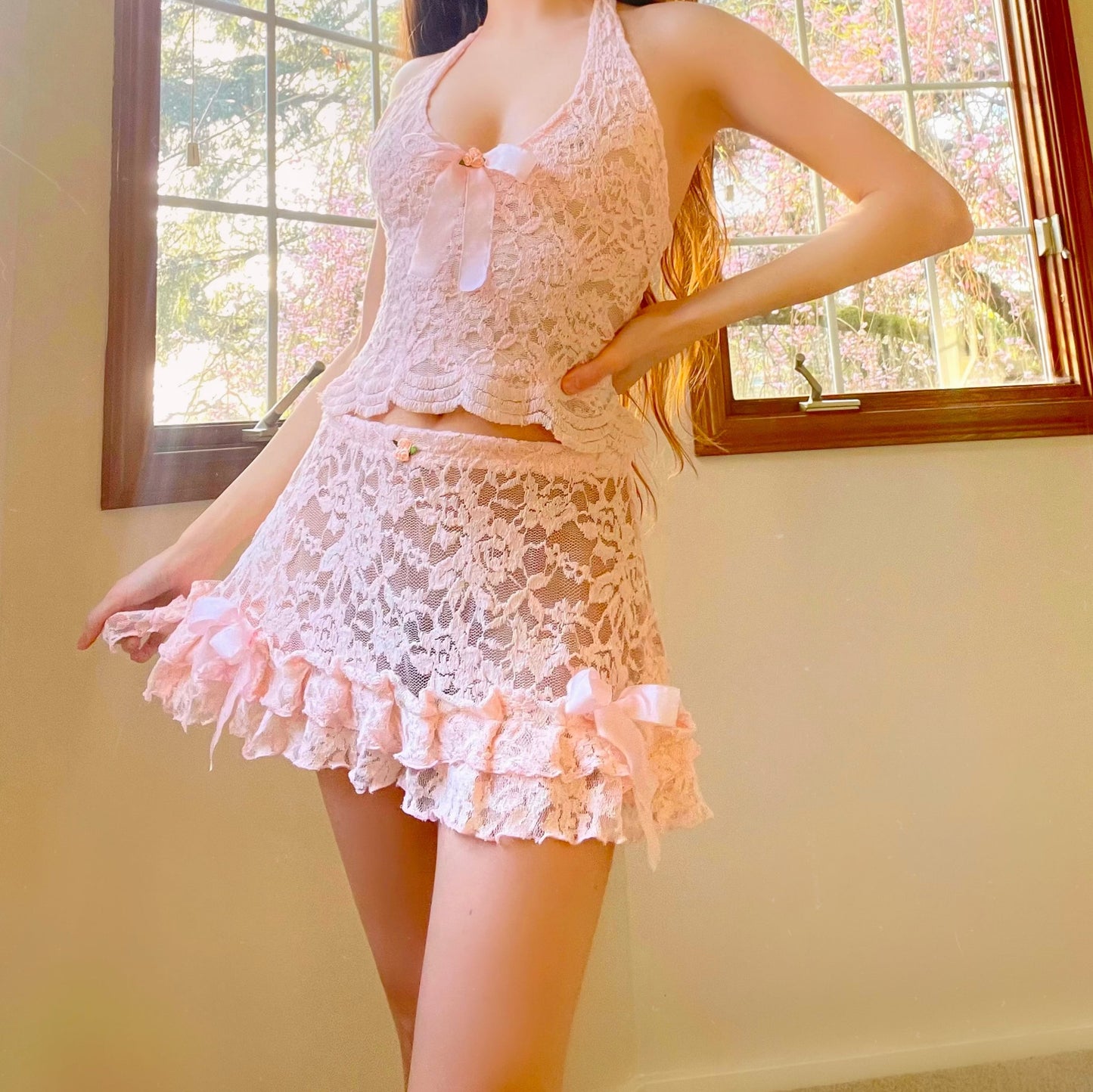 Light Pink Lace Silk Matching Set