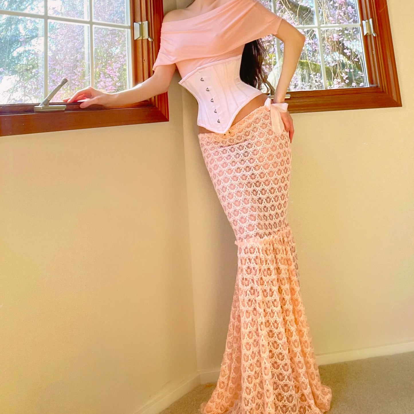 Peach Lace Mermaid Maxi Skirt