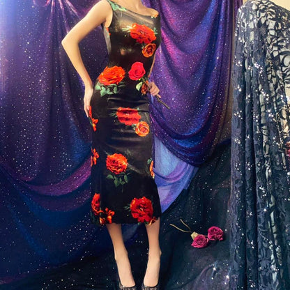 Black & Orange Roses Velvet Bateau Neck Midi Dress