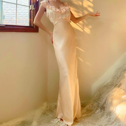 1930s antique peachy baby pink bias cut lace trim lingerie gown