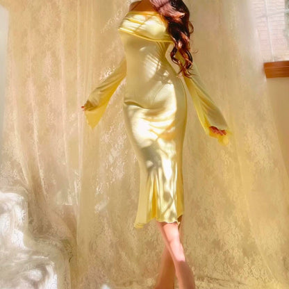 Aphrodite’s Angel Pale Yellow Off the Shoulder Mermaid Midi Dress