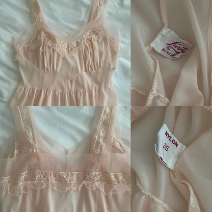 1940s baby pink ballerina princess ruffled nylon lingerie maxi dress