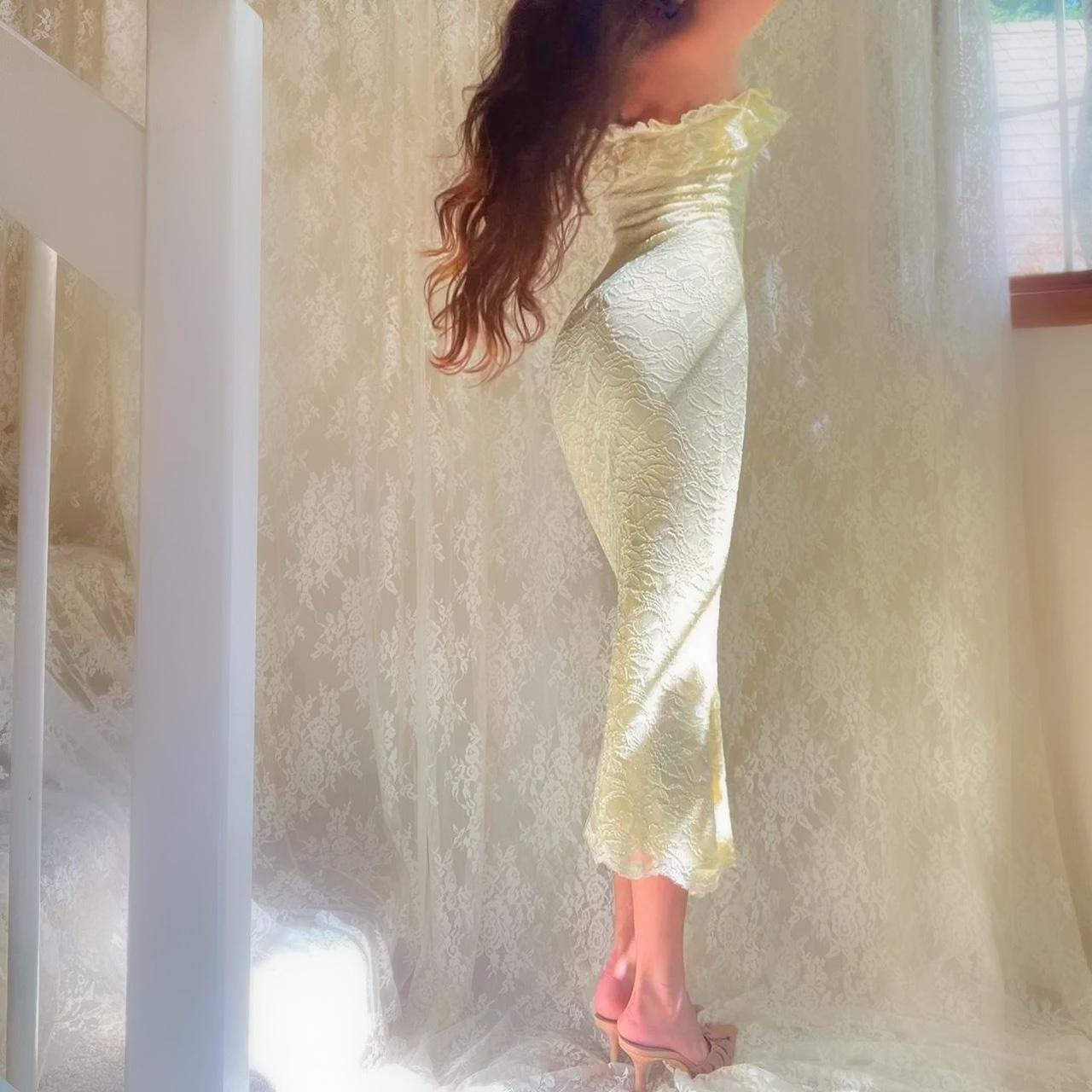 Pale Yellow Sparkly Lace Ruffle Strapless Midi Dress