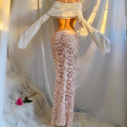 Baby Pink Lace See Through Mermaid Maxi Skirt