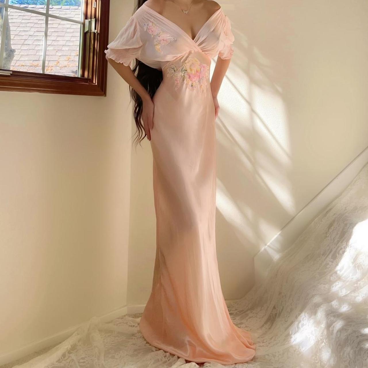 1930s antique peachy baby pink floral ruffle sleeve bias cut lingerie gown