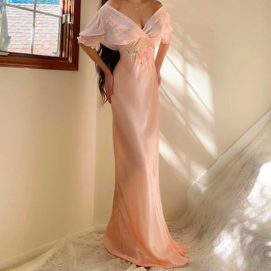 1930s antique peachy baby pink floral ruffle sleeve bias cut lingerie gown