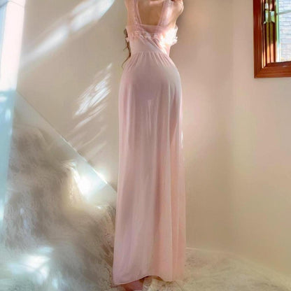 1940s vintage baby pink ruffled nylon ballerina lingerie maxi dress