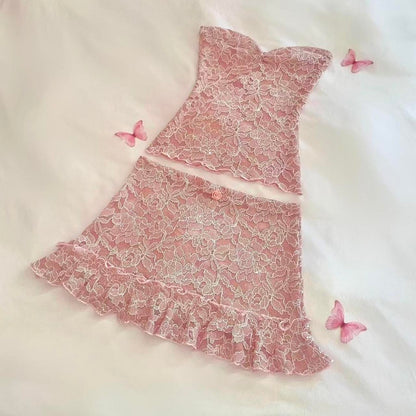 Mauve Sparkly Tube Top + Ruffle Mini Skirt Matching Set