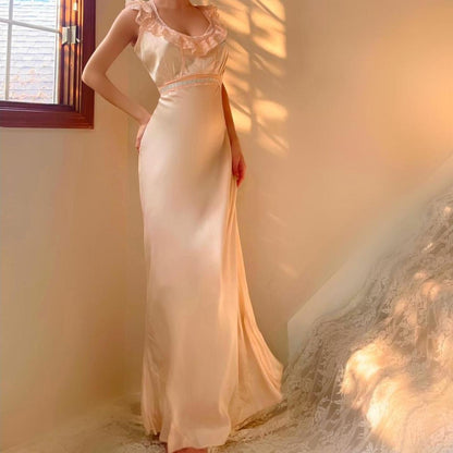 1930s antique peachy baby pink bias cut lace trim lingerie gown