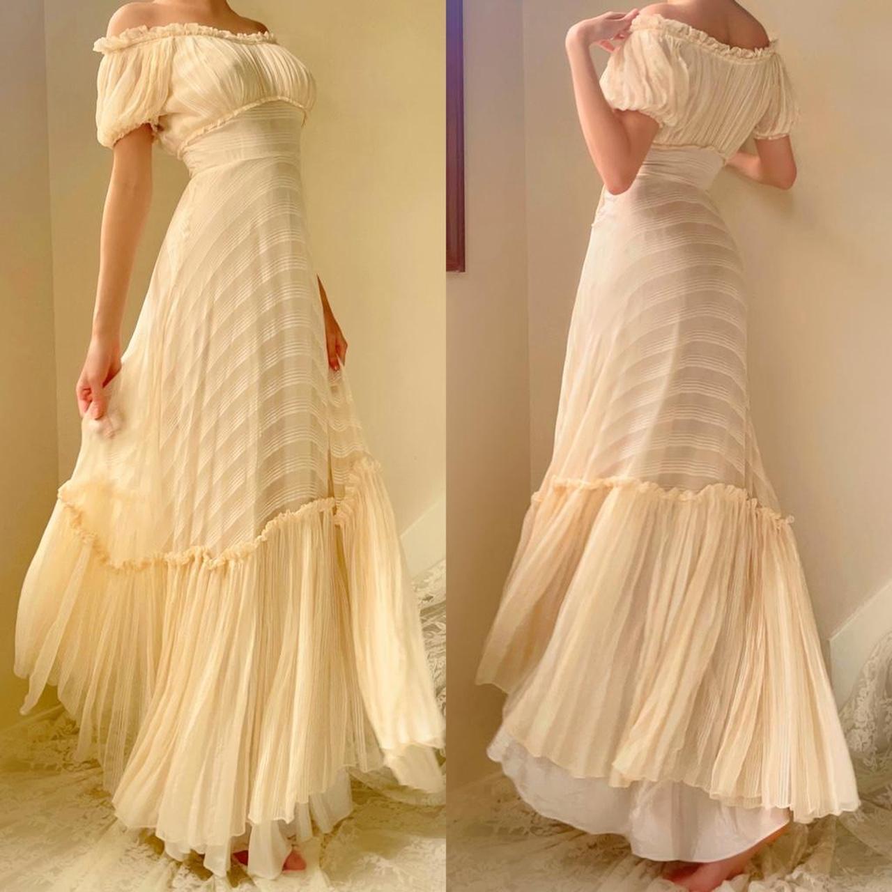 1930s antique ivory/cream stripped silk chiffon ruched gown