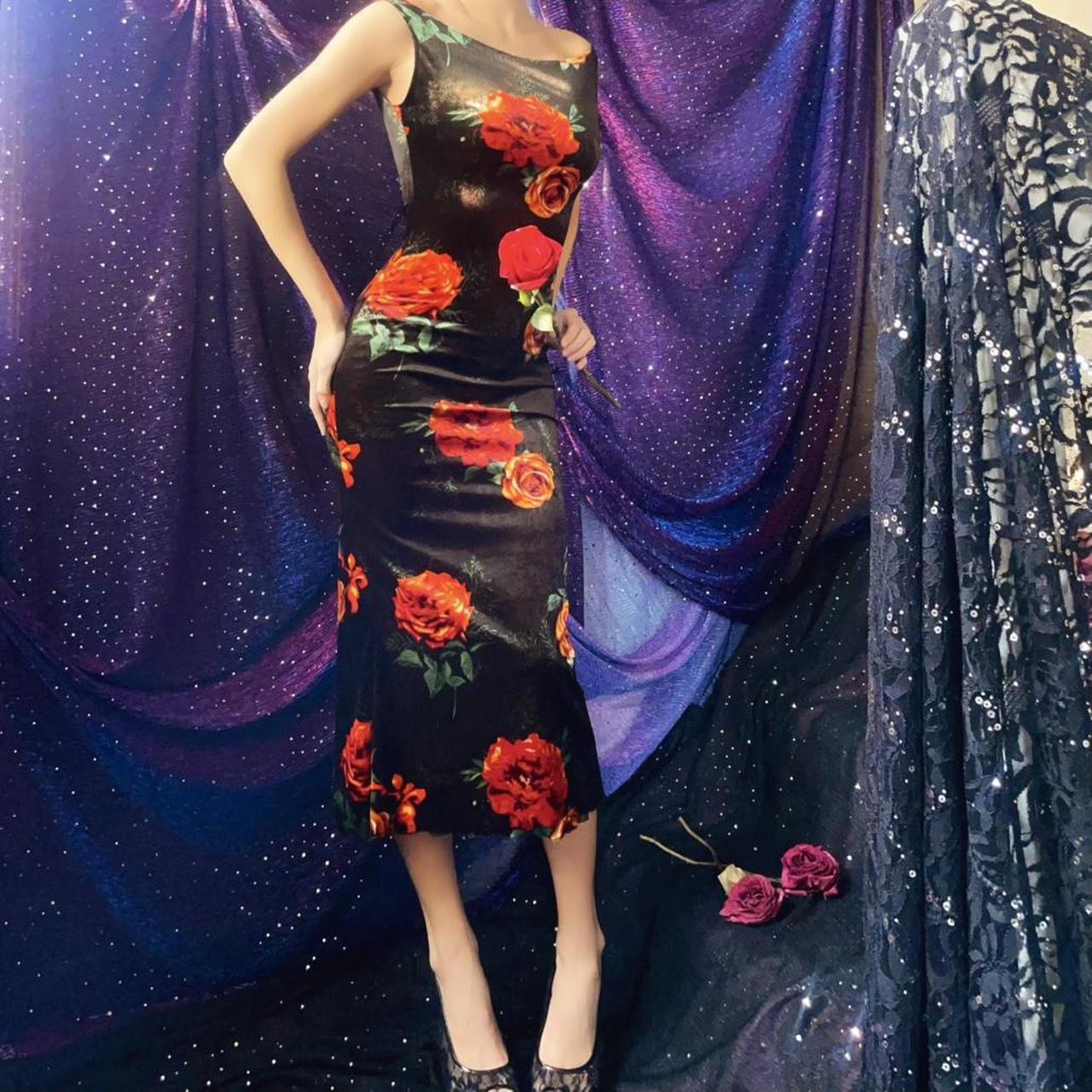 Black & Orange Roses Velvet Bateau Neck Midi Dress