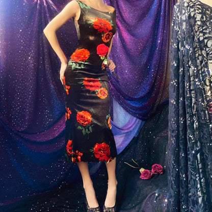 Black & Orange Roses Velvet Bateau Neck Midi Dress