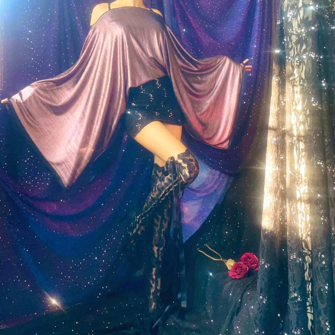 Metallic Mauve/Black Sparkly Lace Draped Batwing Mini Dress