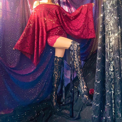 Burgundy/Maroon Lace Draped Batwing Mini Dress