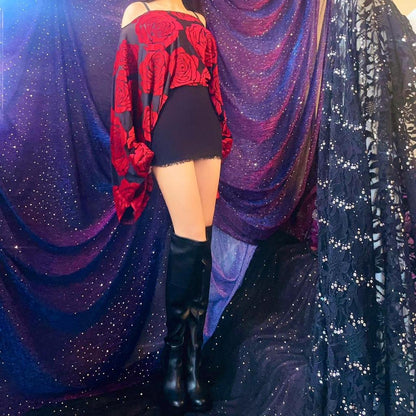 Red Velvet Rose & Black Draped Batwing Sleeve Mini Dress