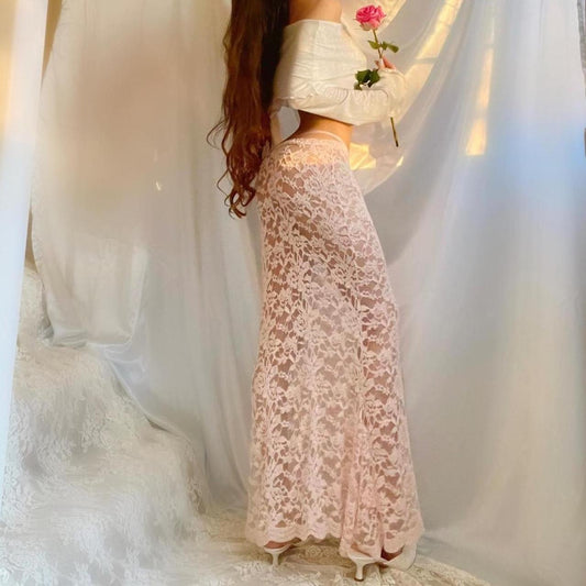 Baby Pink Lace See Through Mermaid Maxi Skirt