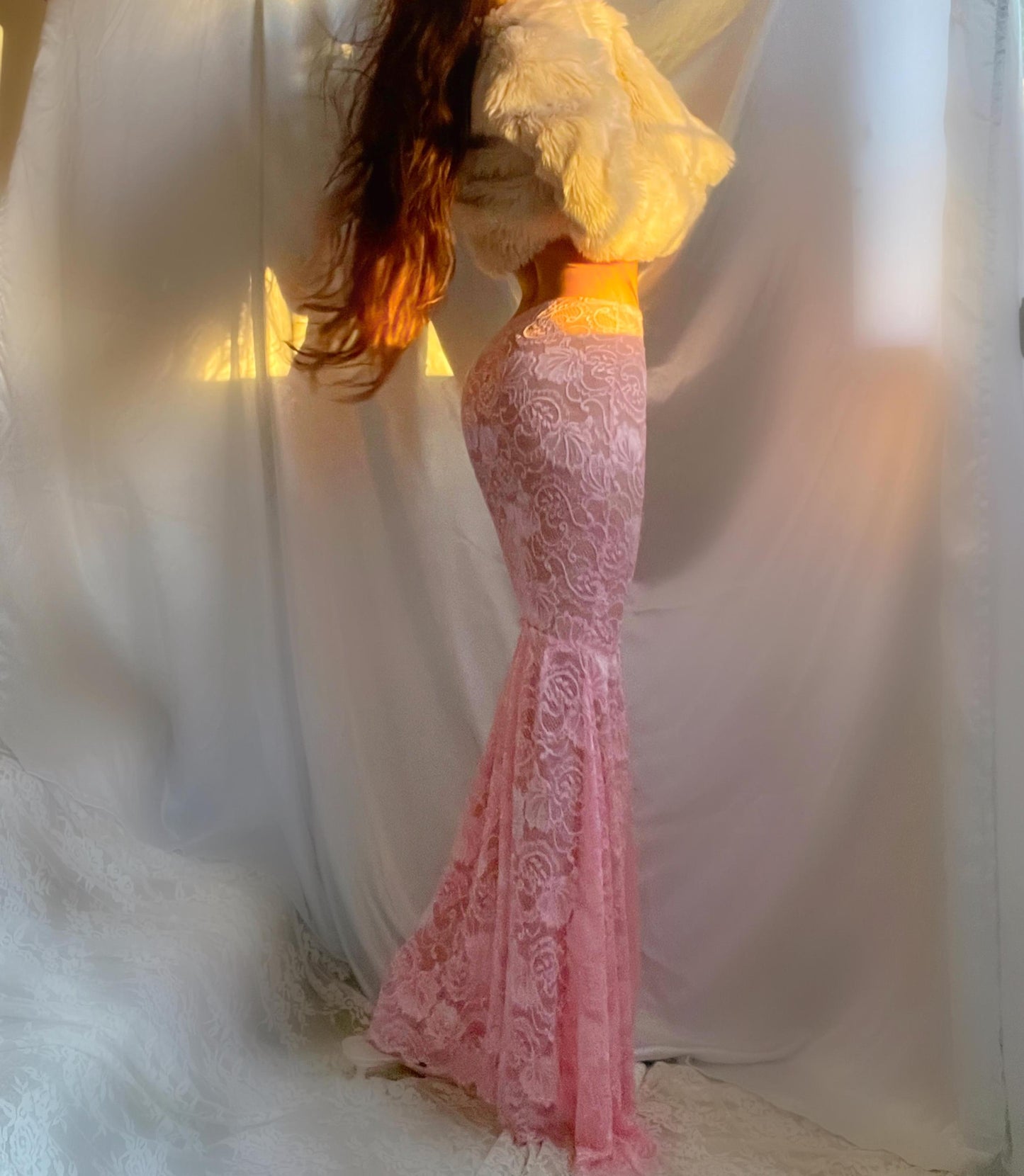 Light Pink Lace Floral Embroidered Sheer Mermaid Maxi Skirt