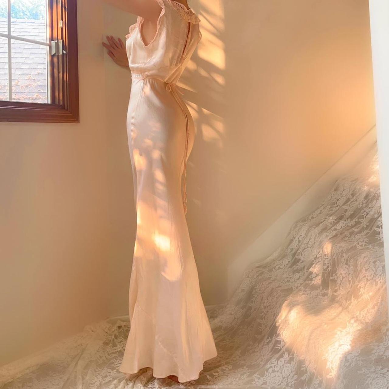 1930s antique peachy baby pink bias cut lace trim lingerie gown