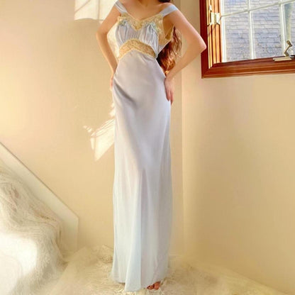 1930s antique baby blue & yellow lace floral bias cut lingerie gown