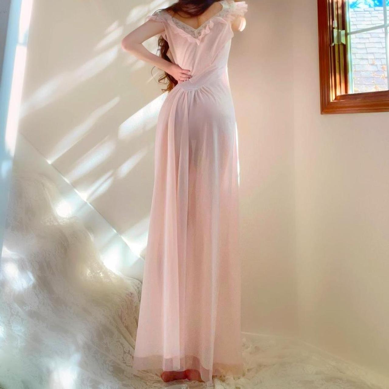 1940s/50s vintage Vanity Fair baby pink ruffled sheer nylon lingerie gown