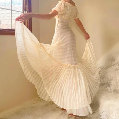 1930s antique ivory/cream stripped silk chiffon ruched gown