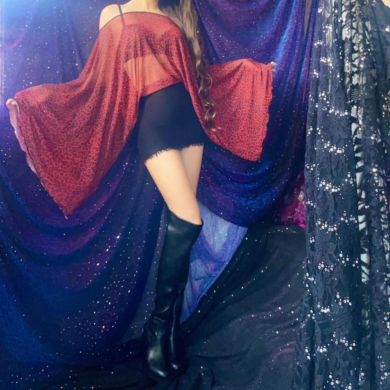 Red Leopard Mesh & Black Draped Batwing Sleeve Mini Dress