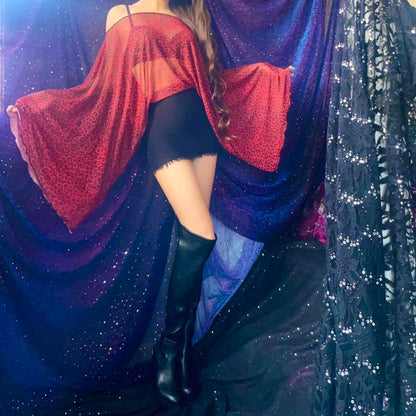 Red Leopard Mesh & Black Draped Batwing Sleeve Mini Dress