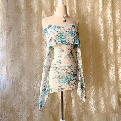 Aphrodite's Angel Baby Blue & White Floral Knit Off the Shoulder Dress
