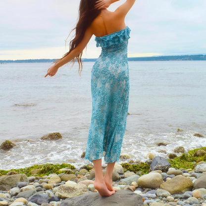 Baby Blue/White Sparkly Lace Mermaid Midi Dress