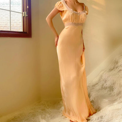1930s antique pale peach/apricot silk and lace bias cut lingerie gown