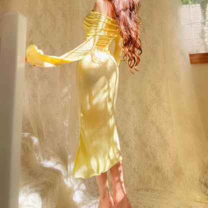 Aphrodite’s Angel Pale Yellow Off the Shoulder Mermaid Midi Dress