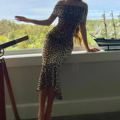 Handcrafted Leopard Print Off the Shoulder Midi Dress