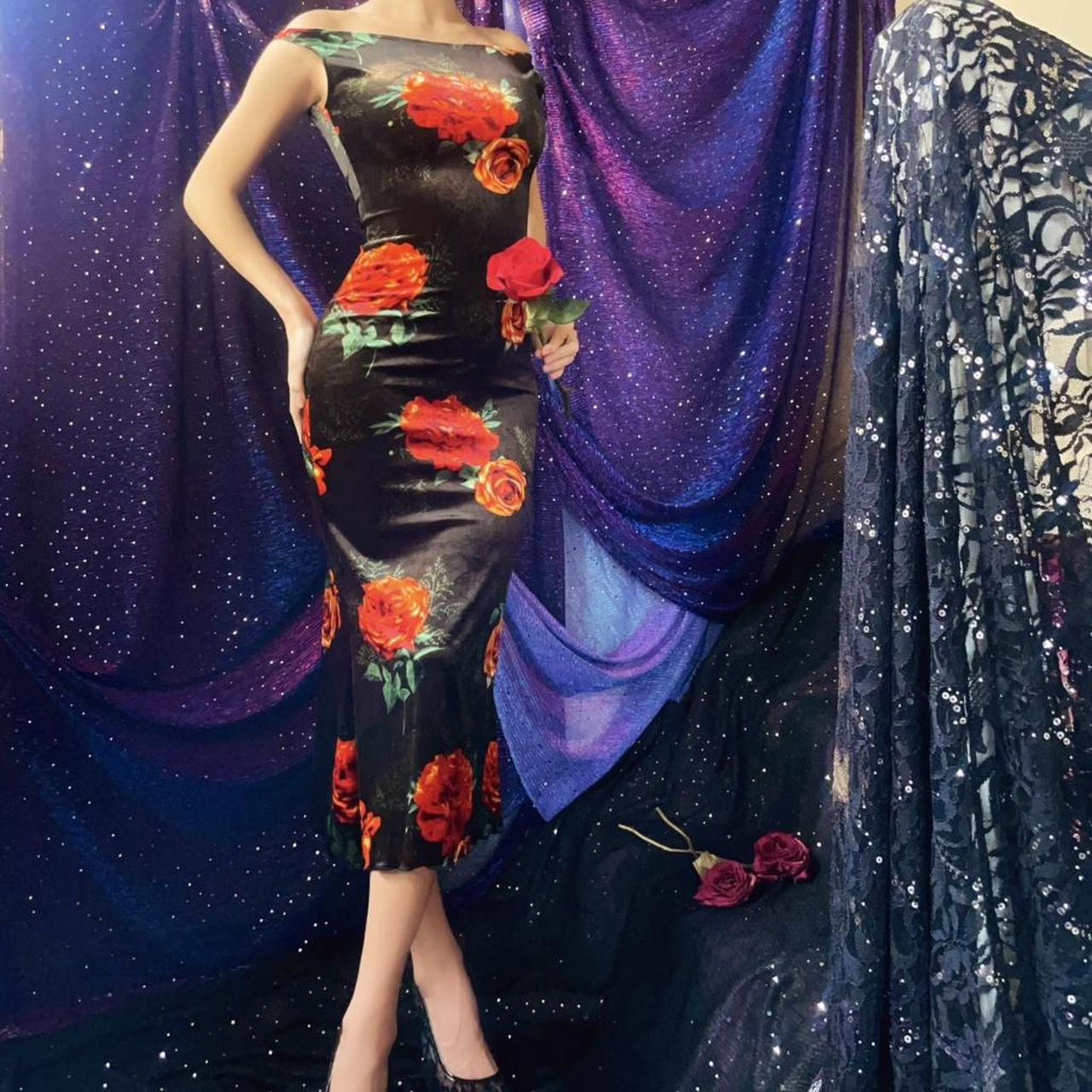 Black & Orange Roses Velvet Bateau Neck Midi Dress