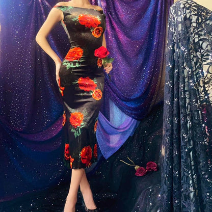 Black & Orange Roses Velvet Bateau Neck Midi Dress