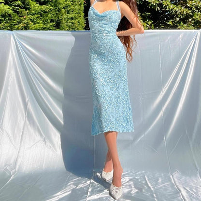 Baby Blue Sparkly Lace Mermaid Midi Dress