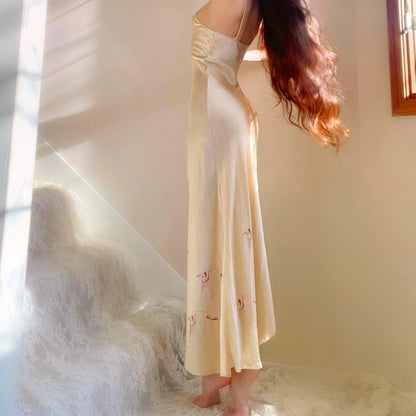 1970s Nightingale Champagne Nude Silk Bias Cut Crane Print Lingerie Slip Dress
