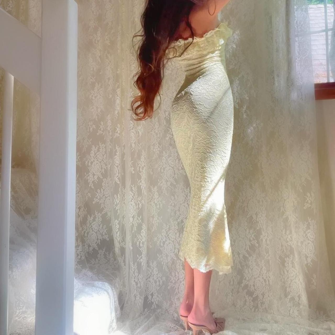 Pale Yellow Sparkly Lace Ruffle Strapless Midi Dress